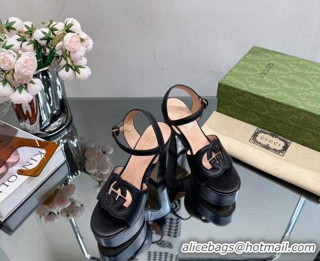 Popular Style Gucci Leather Platform High Heel Sandals 12cm with Interlocking G Cutout Black 607047