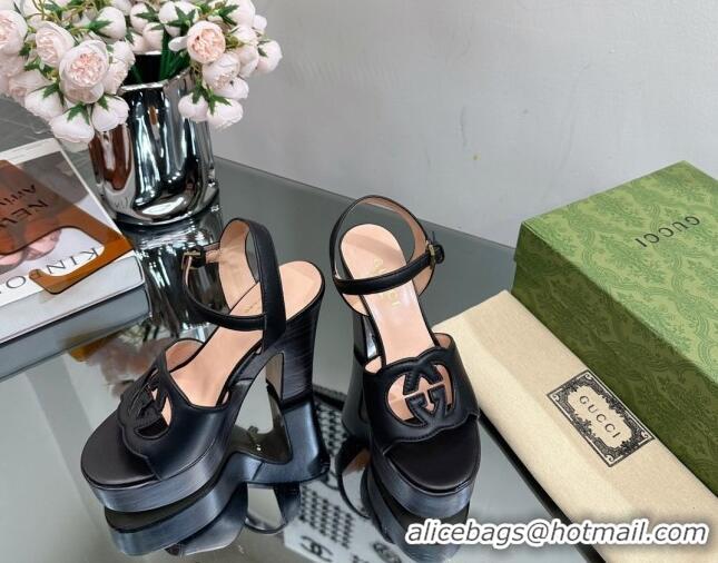 Popular Style Gucci Leather Platform High Heel Sandals 12cm with Interlocking G Cutout Black 607047