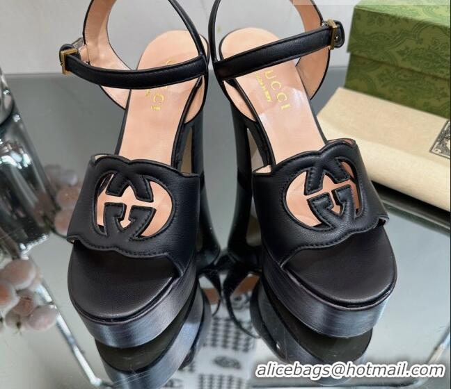 Popular Style Gucci Leather Platform High Heel Sandals 12cm with Interlocking G Cutout Black 607047