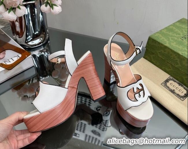 Top Design Gucci Leather Platform High Heel Sandals 12cm with Interlocking G Cutout White 607048