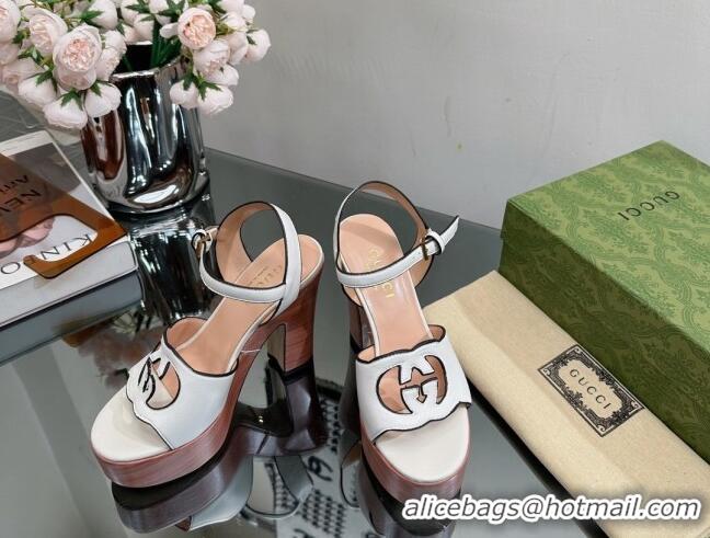 Top Design Gucci Leather Platform High Heel Sandals 12cm with Interlocking G Cutout White 607048