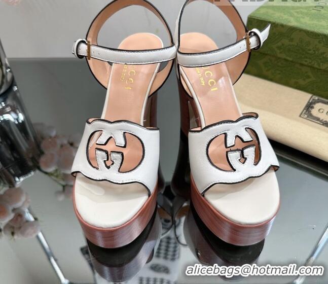 Top Design Gucci Leather Platform High Heel Sandals 12cm with Interlocking G Cutout White 607048