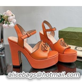 Lower Price Gucci Leather Platform High Heel Sandals 12cm with Interlocking G Cutout Orange 607049