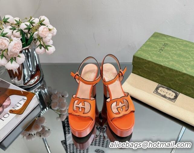 Lower Price Gucci Leather Platform High Heel Sandals 12cm with Interlocking G Cutout Orange 607049