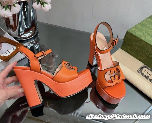 Lower Price Gucci Leather Platform High Heel Sandals 12cm with Interlocking G Cutout Orange 607049