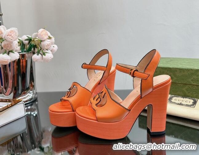 Lower Price Gucci Leather Platform High Heel Sandals 12cm with Interlocking G Cutout Orange 607049