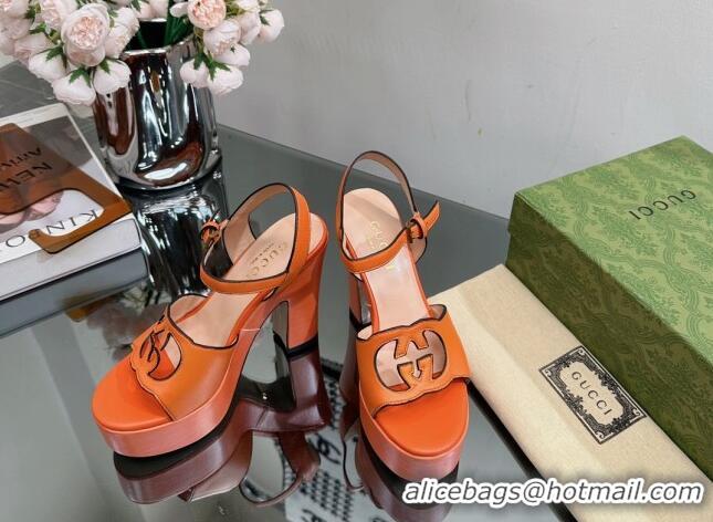 Lower Price Gucci Leather Platform High Heel Sandals 12cm with Interlocking G Cutout Orange 607049