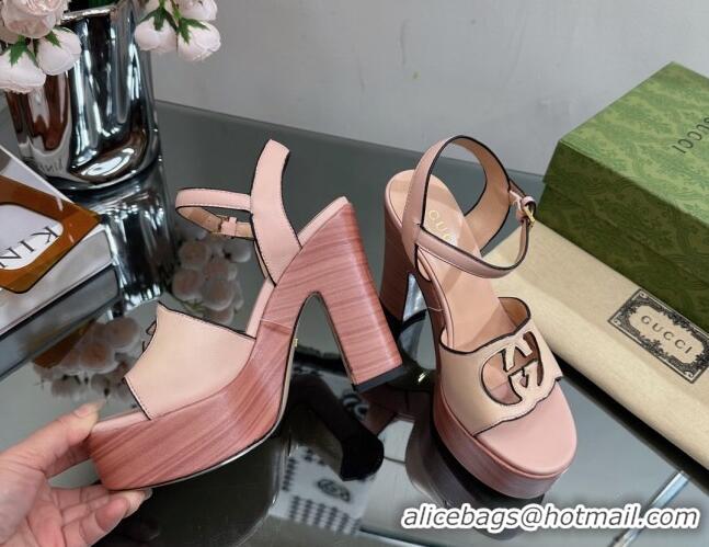 Low Price Gucci Leather Platform High Heel Sandals 12cm with Interlocking G Cutout Pink 607050