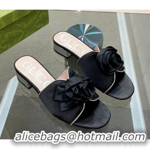 Best Price Gucci Satin Slide Sandals with Bloom Charm Black 607051