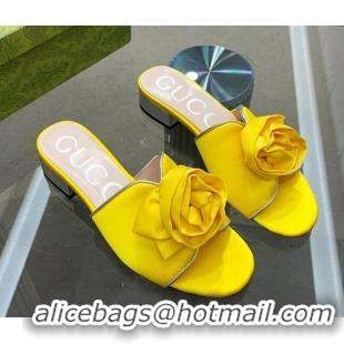 Purchase Gucci Satin Slide Sandals with Bloom Charm Yellow 607052