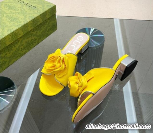 Purchase Gucci Satin Slide Sandals with Bloom Charm Yellow 607052