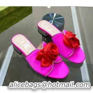 Unique Style Gucci Satin Slide Sandals with Bloom Charm Dark Pink 607053