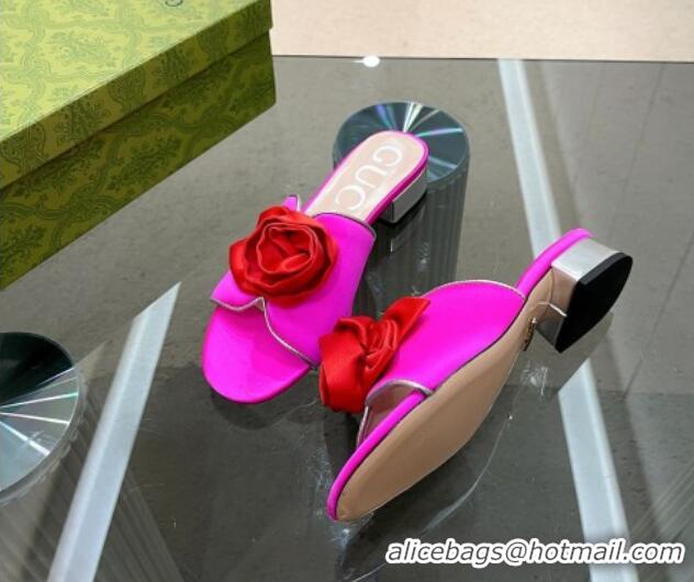 Unique Style Gucci Satin Slide Sandals with Bloom Charm Dark Pink 607053