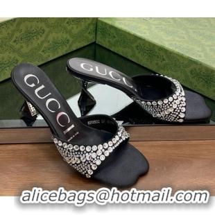 Good Looking Gucci Silk Satin Heel Slide Sandals 6.5cm with Crystals Black 607061