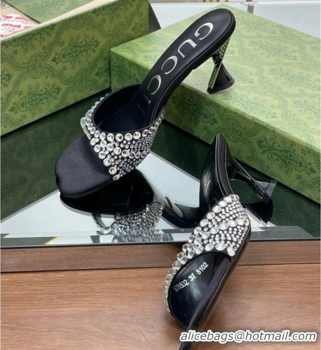 Good Looking Gucci Silk Satin Heel Slide Sandals 6.5cm with Crystals Black 607061