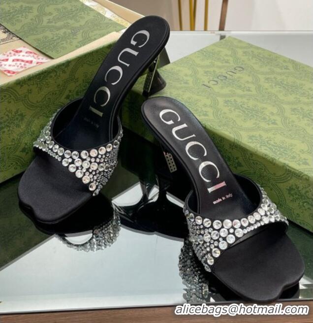 Good Looking Gucci Silk Satin Heel Slide Sandals 6.5cm with Crystals Black 607061