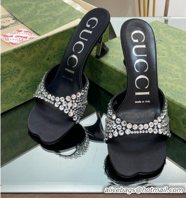 Good Looking Gucci Silk Satin Heel Slide Sandals 6.5cm with Crystals Black 607061