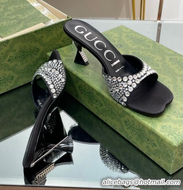 Good Looking Gucci Silk Satin Heel Slide Sandals 6.5cm with Crystals Black 607061