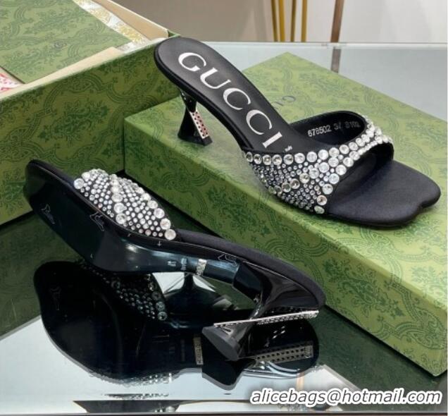 Good Looking Gucci Silk Satin Heel Slide Sandals 6.5cm with Crystals Black 607061