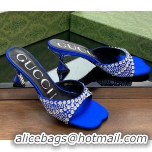 Hot Style Gucci Silk Satin Heel Slide Sandals 6.5cm with Crystals Blue 607062