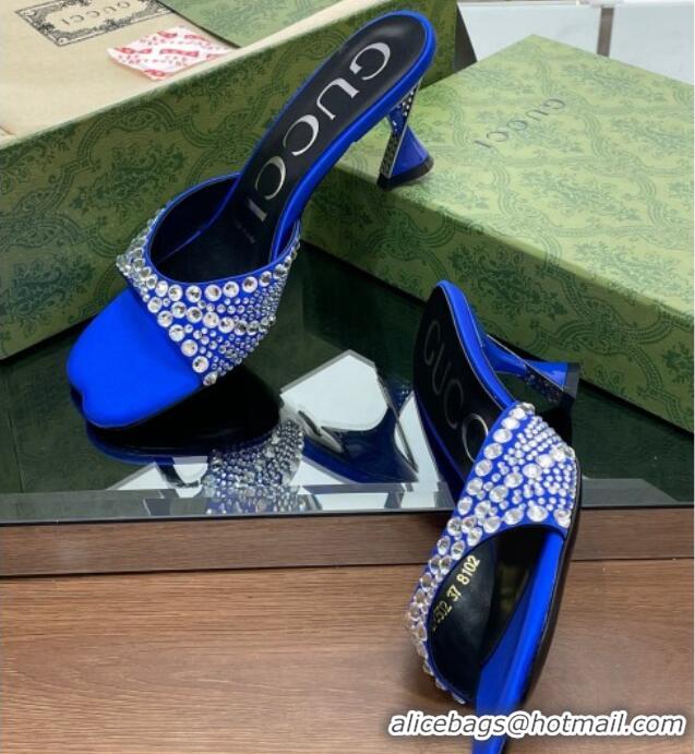 Hot Style Gucci Silk Satin Heel Slide Sandals 6.5cm with Crystals Blue 607062