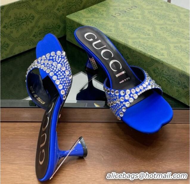 Hot Style Gucci Silk Satin Heel Slide Sandals 6.5cm with Crystals Blue 607062