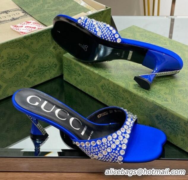 Hot Style Gucci Silk Satin Heel Slide Sandals 6.5cm with Crystals Blue 607062