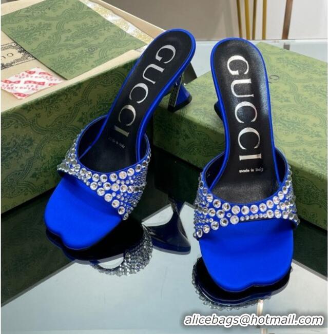 Hot Style Gucci Silk Satin Heel Slide Sandals 6.5cm with Crystals Blue 607062