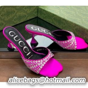 Charming Gucci Silk Satin Heel Slide Sandals 6.5cm with Crystals Dark Pink 607063