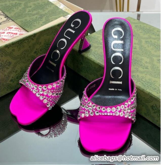 Charming Gucci Silk Satin Heel Slide Sandals 6.5cm with Crystals Dark Pink 607063