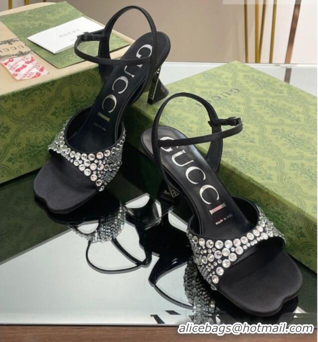 Perfect Gucci Silk Satin Heel Sandals 6.5cm with Crystals Black 607077