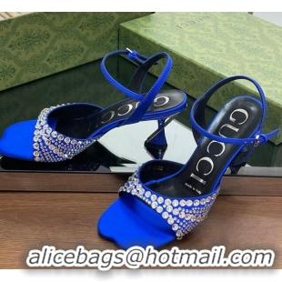 Cheaps Gucci Silk Satin Heel Sandals 6.5cm with Crystals Blue 607078