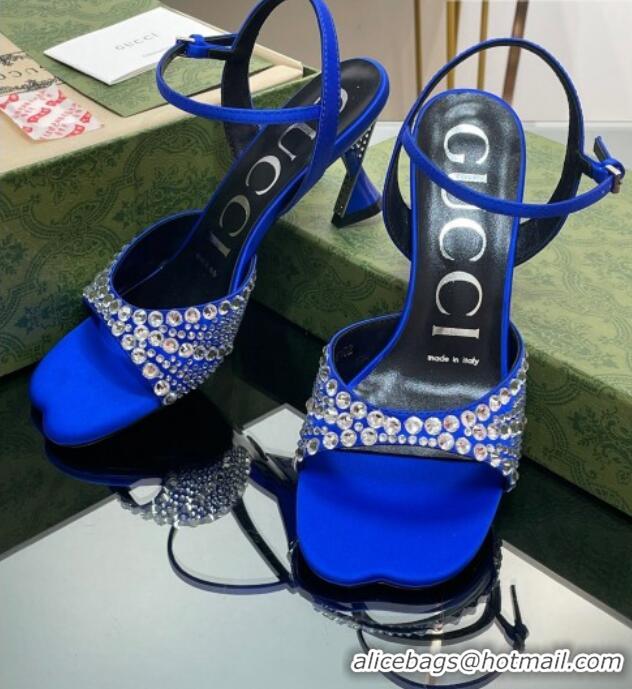 Cheaps Gucci Silk Satin Heel Sandals 6.5cm with Crystals Blue 607078