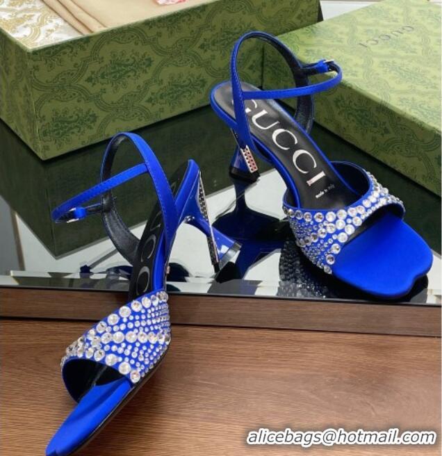 Cheaps Gucci Silk Satin Heel Sandals 6.5cm with Crystals Blue 607078