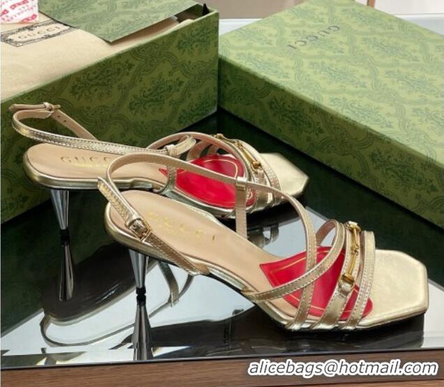 Pretty Style Gucci Leather Heel Sandals 6.5cm with Horsebit Gold 607089