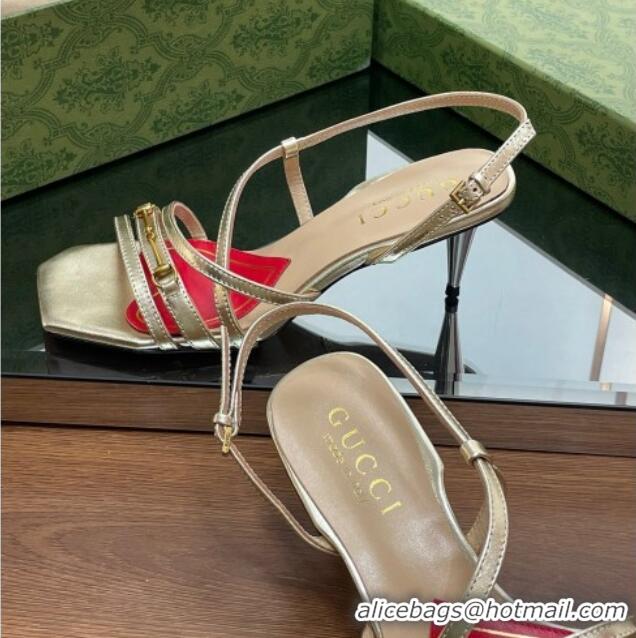 Pretty Style Gucci Leather Heel Sandals 6.5cm with Horsebit Gold 607089