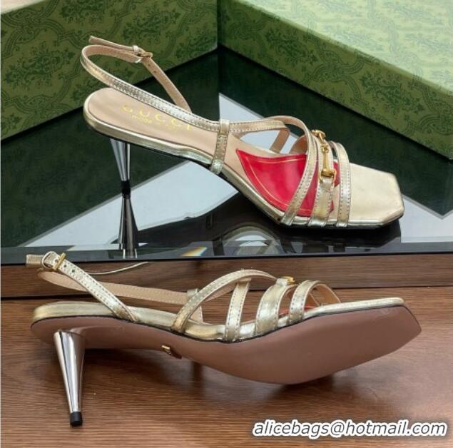 Pretty Style Gucci Leather Heel Sandals 6.5cm with Horsebit Gold 607089