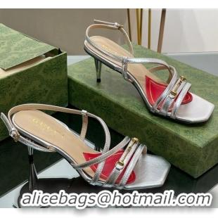 Top Grade Gucci Leather Heel Sandals 6.5cm with Horsebit Silver 607090