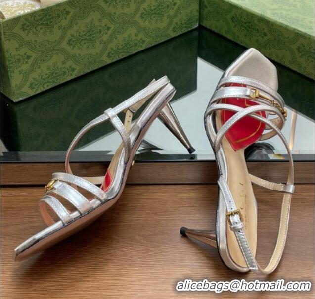 Top Grade Gucci Leather Heel Sandals 6.5cm with Horsebit Silver 607090