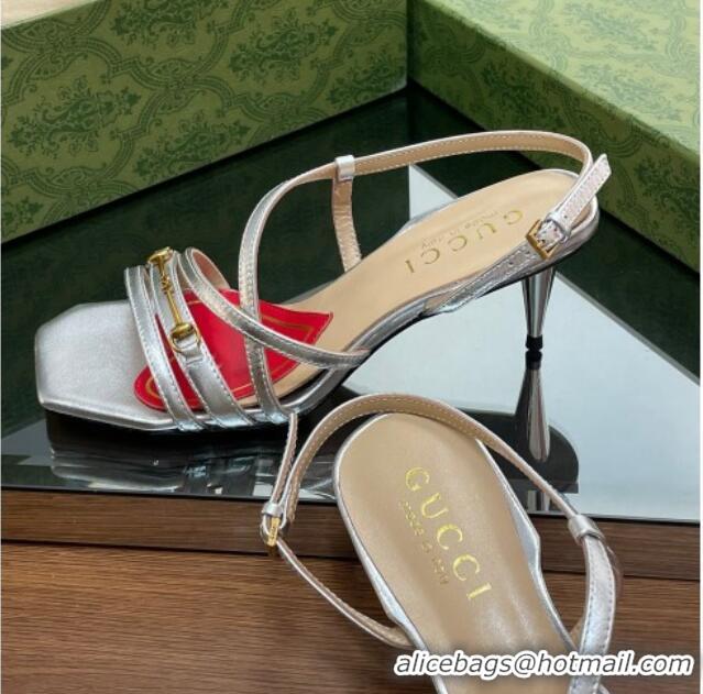 Top Grade Gucci Leather Heel Sandals 6.5cm with Horsebit Silver 607090