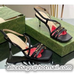 Charming Gucci Leather Heel Sandals 6.5cm with Horsebit Black 607092