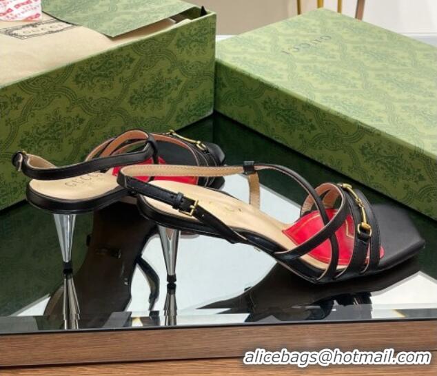 Charming Gucci Leather Heel Sandals 6.5cm with Horsebit Black 607092