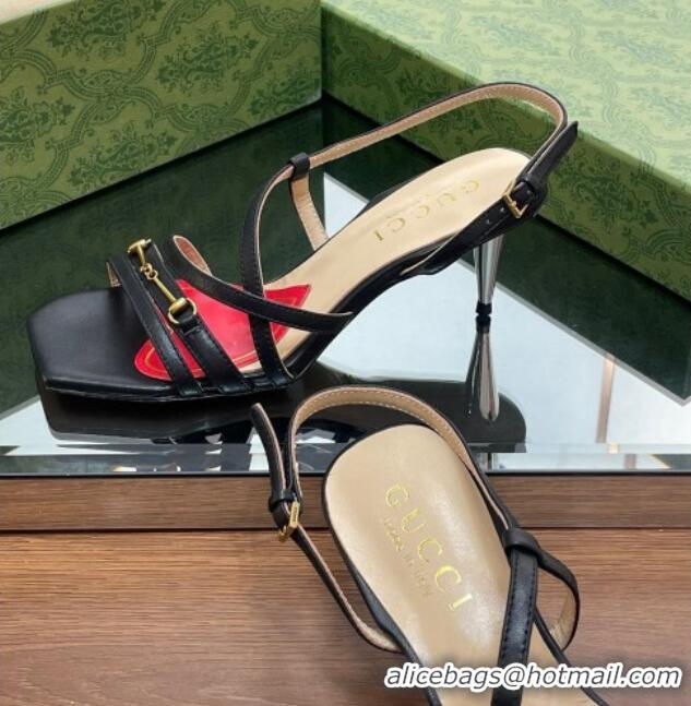 Charming Gucci Leather Heel Sandals 6.5cm with Horsebit Black 607092