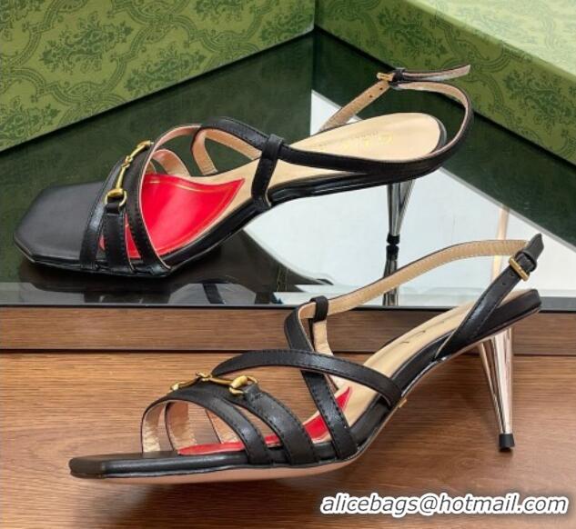 Charming Gucci Leather Heel Sandals 6.5cm with Horsebit Black 607092