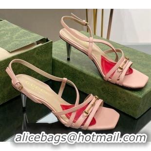 Good Quality Gucci Leather Heel Sandals 6.5cm with Horsebit Pink 607093