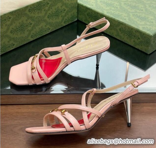 Good Quality Gucci Leather Heel Sandals 6.5cm with Horsebit Pink 607093