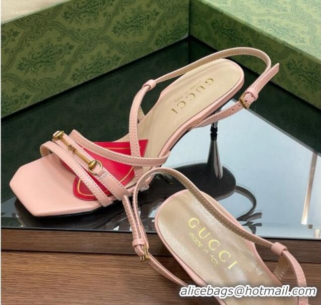 Good Quality Gucci Leather Heel Sandals 6.5cm with Horsebit Pink 607093