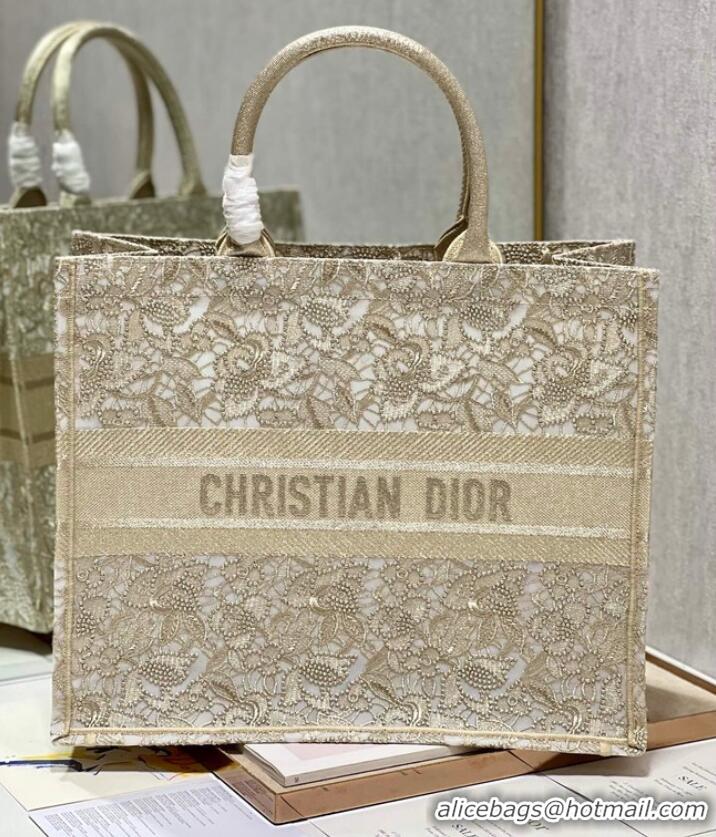 Famous Brand LARGE DIOR OR DIOR BOOK TOTE D-Lace Embroidery M1286ZTD-3