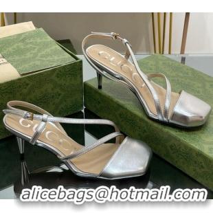 Top Design Gucci Leather Heel Medium Sandals 6.5cm with Horsebit Silver 607095