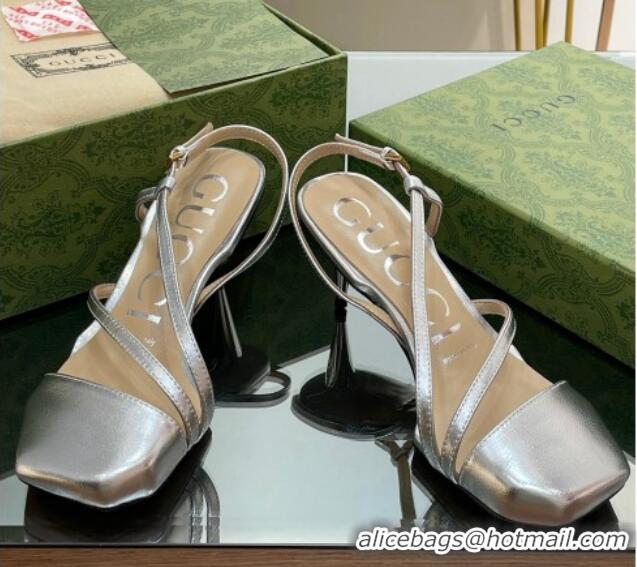 Top Design Gucci Leather Heel Medium Sandals 6.5cm with Horsebit Silver 607095